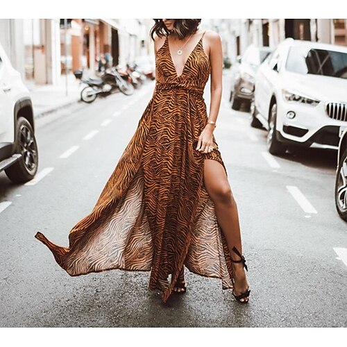 

Women's Swing Dress Maxi long Dress Yellow Sleeveless Line Zipper Fall Summer Deep V Stylish Fashion Modern 2022 S M L XL