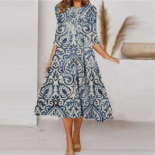 

Women's Shift Dress Casual Dress Midi Dress Green Blue Light Blue 3/4 Length Sleeve Floral Ruched Print Fall Winter Round Neck Casual Vacation 2022 S M L XL XXL 3XL