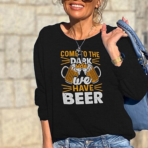 

Women's Sweatshirt Pullover Active Streetwear Print Black Gray Text Beer Daily Round Neck Long Sleeve S M L XL XXL