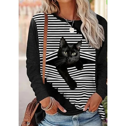 

Women's T shirt Tee Striped Cat 3D Casual Weekend 3D Cat Painting T shirt Tee Long Sleeve Print Round Neck Basic Black S / 3D Print