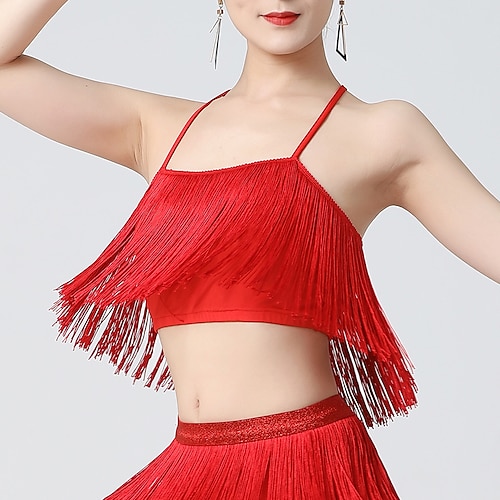 

Belly Dance Latin Dance Top Tassel Pure Color Splicing Women's Training Performance Sleeveless Spandex