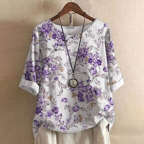 

Women's Plus Size Tops T shirt Tee Floral Print Half Sleeve Crewneck Streetwear Daily Vacation Polyester Spring Summer Green Blue