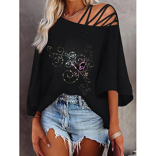 

Women's T shirt Tee Black Graphic Cold Shoulder Print 3/4 Length Sleeve Casual Weekend Basic Diagonal Neck Regular Painting S / 3D Print