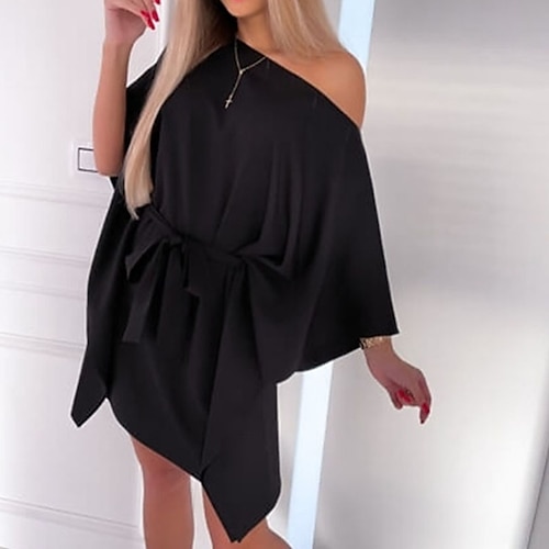 

Women's Casual Dress A Line Dress Short Mini Dress Black Red Light Blue Half Sleeve Pure Color Lace up Cold Shoulder Fall Winter One Shoulder Casual Loose 2022 S M L XL XXL
