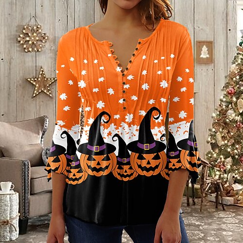 

Damen Hemd Bluse T Shirt Orange Blatt Kürbis Taste Bedruckt Langarm Halloween Casual Basic Rundhalsausschnitt Standard Farbe S