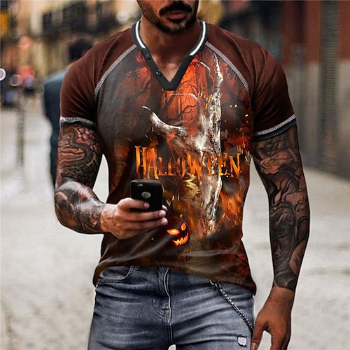 

Men's Unisex T shirt Tee Pumpkin Graphic Prints V Neck Coffee Short Sleeve 3D Print Outdoor Halloween Button-Down Print Tops Sports Designer Casual Big and Tall / Summer / Summer