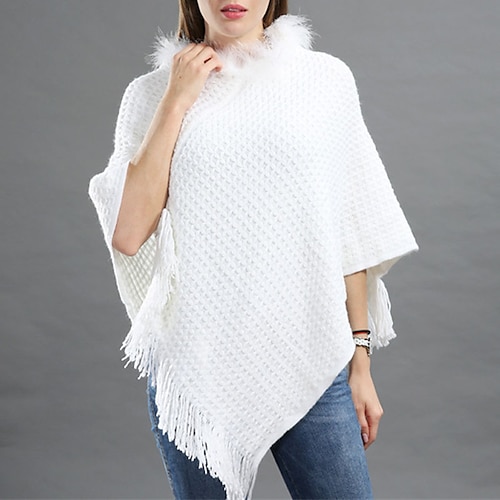 

pull poncho femme pull tricot crochet pompon tricot couleur pure col montant chic élégant sortie quotidienne automne hiver beige taille unique