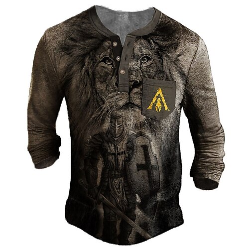 

Men's T shirt Tee Henley Shirt Tee Graphic Animal Henley Brown Long Sleeve 3D Print Plus Size Outdoor Daily Button-Down Print Tops Basic Designer Casual Big and Tall / Summer / Spring / Summer