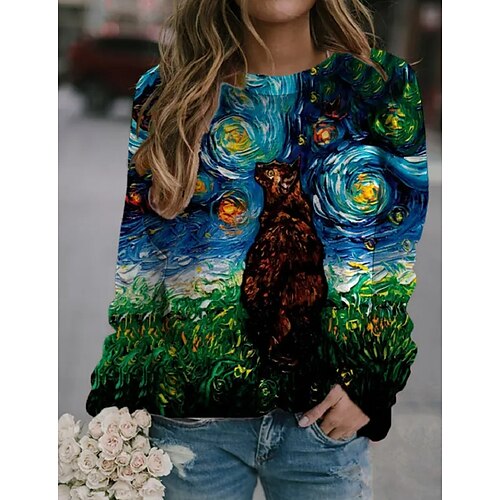 

Women's Sweatshirt Pullover Casual Retro Print Blue Graphic Cat Outdoor Crewneck Long Sleeve S M L XL 2XL 3XL