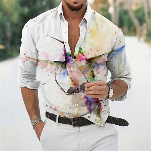 

Homens Camisa Social Animal Pássaro Aberto para a Lateral Branco Impressão 3D Ao ar livre Rua Manga Longa Botão para baixo Imprimir Roupa Moda Casual Respirável