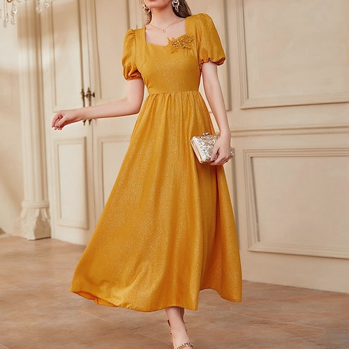 

Women's A Line Dress Swing Dress Maxi long Dress Yellow Short Sleeve Pure Color Zipper Print Fall Spring Square Neck Stylish Fashion Modern 2022 S M L XL / Summer