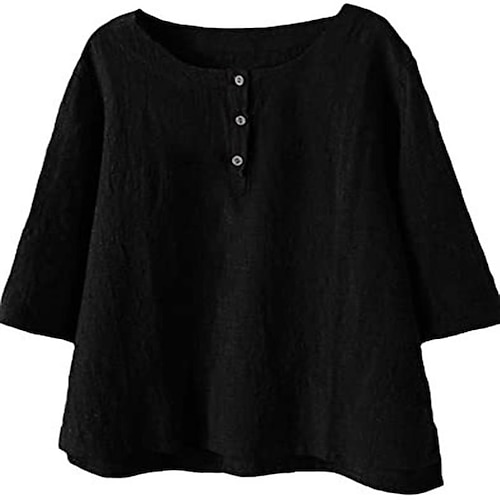 

Women's Plus Size Tops T shirt Tee Plain Button 3/4 Length Sleeve Crewneck Streetwear Daily Vacation Cotton Fall Spring White Black