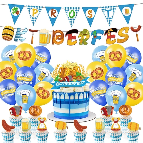 

Oktoberfest theme party set blue and white plaid pull flag cake card balloon party decoration