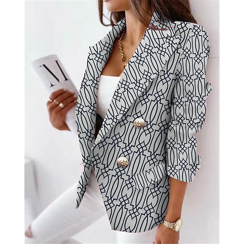 

Women's Blazer Regular with Pockets Coat Blue Gray Dark Blue Stylish Formal Work Office Fall Winter Double Breasted Turndown Regular Fit S M L XL XXL 3XL