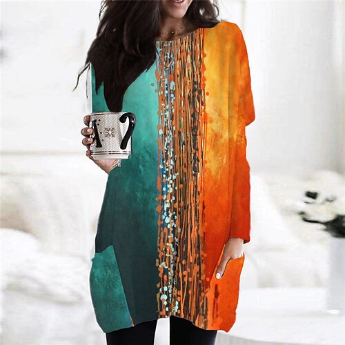 

Women's Shift Dress Casual Dress Short Mini Dress Rainbow Long Sleeve Striped Pocket Print Fall Winter Crew Neck Casual Vacation Loose 2022 S M L XL XXL 3XL