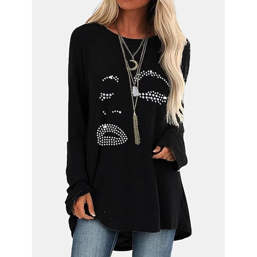 

Women's T shirt Tee Mouth Casual Daily Abstract T shirt Tee Long Sleeve Print Round Neck Basic Black S / 3D Print