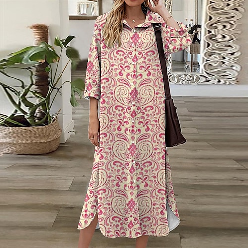 

Women's Shirt Dress Shift Dress Midi Dress Green Blue Pink 3/4 Length Sleeve Floral Button Print Fall Winter Shirt Collar Casual Fashion Loose 2022 S M L XL XXL 3XL