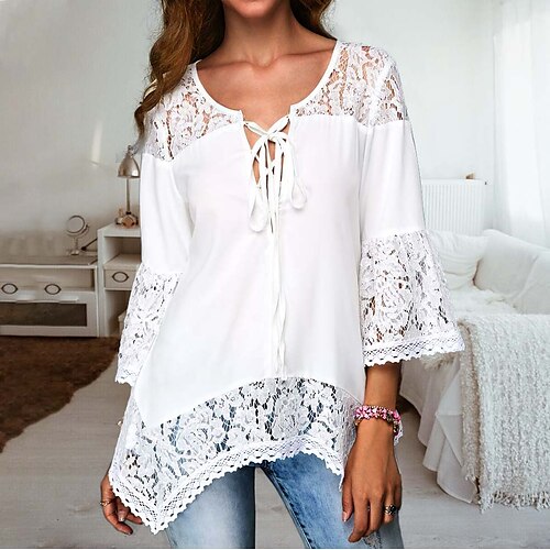 

Women's Blouse Plain Daily Weekend Blouse Shirt 3/4 Length Sleeve Lace up Lace Patchwork V Neck Casual Streetwear White S