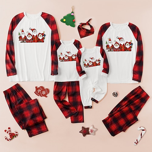 

Christmas Pajamas Family Set Ugly Plaid Santa Claus Christmas Tree Daily Patchwork White Long Sleeve Mom Dad and Me Adorable Matching Outfits Spring Fall Print
