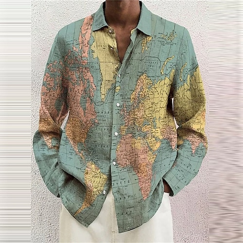 

Men's Shirt 3D Print Map Turndown Street Casual Button-Down Print Long Sleeve Tops Casual Fashion Breathable Blue