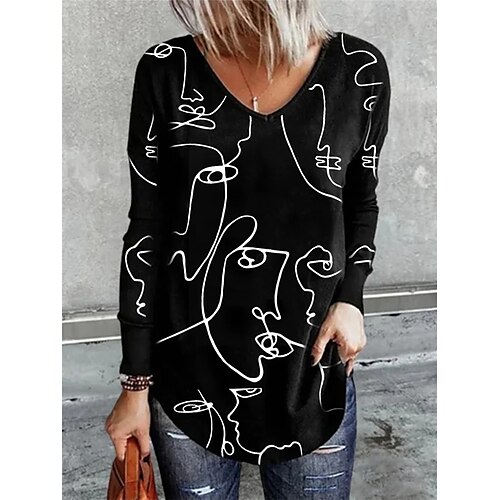 

Women's T shirt Tee Green Blue Black Portrait Print Long Sleeve Home Casual Basic V Neck Regular Loose Fit Portrait S / 3D Print