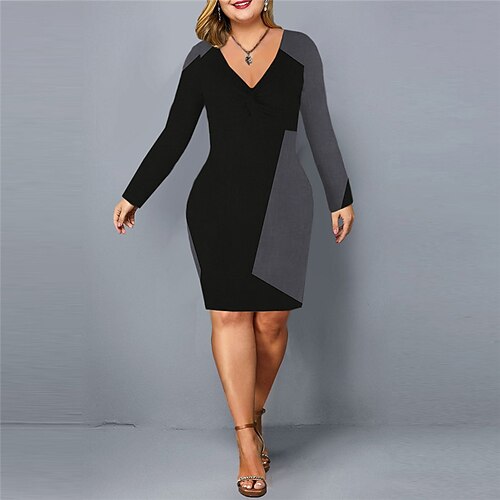 

Women's Plus Size Work Dress Geometric V Neck Print Long Sleeve Spring Fall Stylish Work Short Mini Dress Daily Vacation Dress / 3D Print