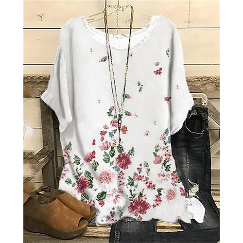 

Women's Plus Size Tops Blouse Shirt Floral Print Half Sleeve Crewneck Streetwear Daily Sports Cotton Spandex Jersey Spring Summer White Blue