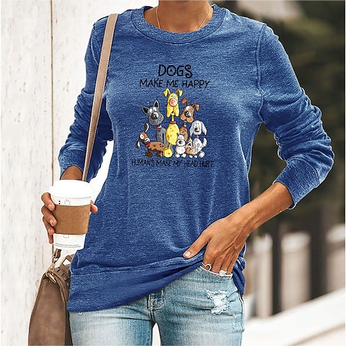 

Women's Basic Print Animal Letter Basic Animals Round Neck Regular Spring & Fall Blue Yellow Dark Green Dark Blue Black