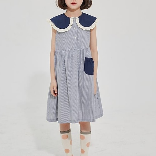 

Kids Girls' Dress Striped A Line Dress Knee-length Dress Daily Cotton Sleeveless Princess Dress 3-12 Years Summer Blue