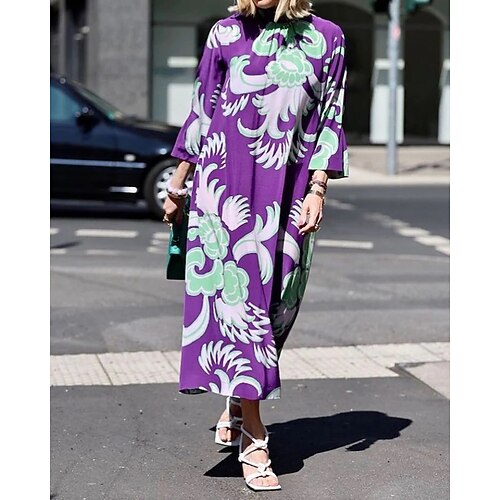 

european and american new products cross-border women's autumn loose large size printing round neck three-quarter sleeve mid-length t-shirt skirt dress