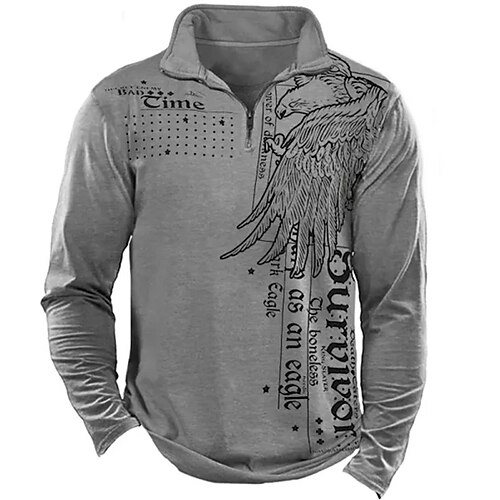

Men's Collar Polo Shirt Golf Shirt Letter Eagle Turndown Gray 3D Print Outdoor Street Long Sleeve Zipper Print Clothing Apparel Fashion Designer Casual Breathable