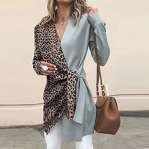 

Women's Blazer Outdoor Street Going out Fall Winter Long Coat V Neck Regular Fit Windproof Warm Stylish Elegant Jacket Long Sleeve non-printing Leopard Asymmetric Hem Print Black Gray Khaki