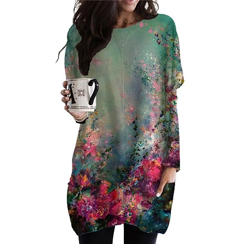 

Women's Casual Dress Shift Dress Midi Dress Green Long Sleeve Floral Pocket Winter Fall Crew Neck Winter Dress Fall Dress Loose Fit 2022 S M L XL XXL 3XL