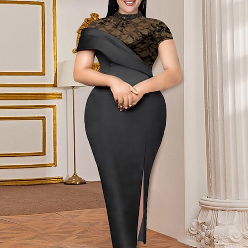 

dame plus size blondekjole ensfarget turtleneck splitt kortermet vår høst elegant formell maxi lang kjole daglig feriekjole / bomull / rynket / løs