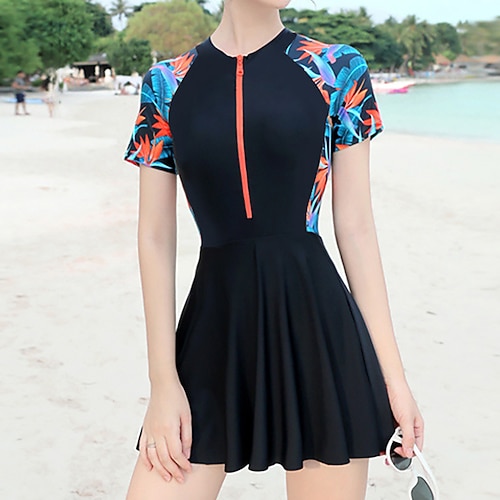 

Women's One Piece Swimsuit Rash guard Swimsuit UV Sun Protection Breathable Quick Dry Short Sleeve Bodysuit Bathing Suit Front Zip Swimming Surfing Beach Water Sports Leaves Print Summer
