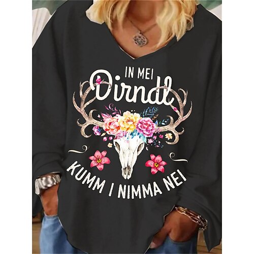 

Women's Plus Size Tops T shirt Tee Floral Letter Print Long Sleeve V Neck Streetwear Daily Vacation Cotton Spandex Jersey Fall Spring Black