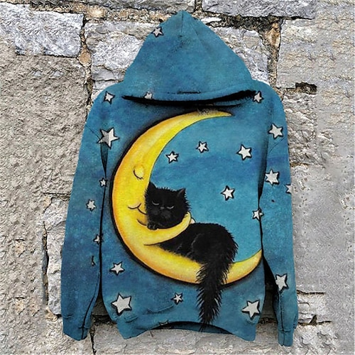 

Men's Unisex Hoodie Pullover Hoodie Sweatshirt Cat Graphic Prints Moon Print Hooded Daily Sports 3D Print Designer Casual Hoodies Sweatshirts Long Sleeve Blue