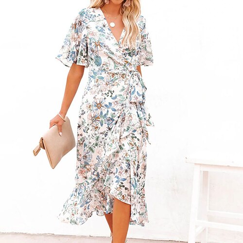 

Women's A Line Dress Floral Dress Midi Dress White Short Sleeve Floral Ruffle Plus High Low Print Spring Summer V Neck Casual Modern 2022 S M L XL / Casual Dress