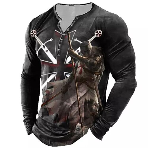 

Men's Henley Shirt T shirt Tee Tee Graphic Templar Cross Soldier Henley Green / Black Black Blue Red Gray 3D Print Plus Size Outdoor Daily Long Sleeve Button-Down Print Clothing Apparel Basic