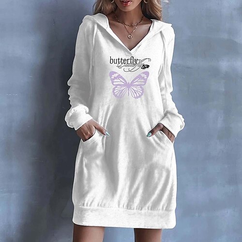 

Women's Hoodie Dress Streetwear Long Pocket Print White Black Butterfly Text Daily Hooded Long Sleeve S M L XL XXL
