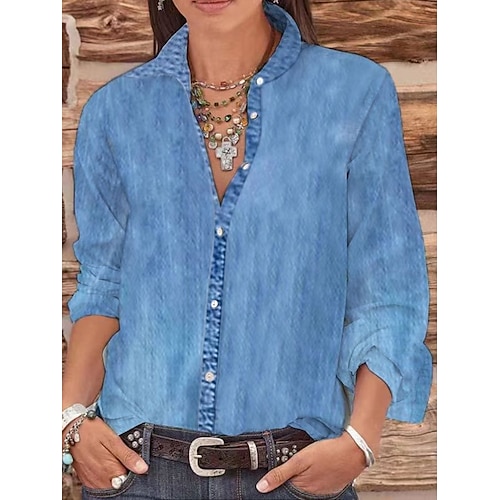 

Women's Blouse Plain Daily Weekend Blouse Shirt Long Sleeve Button Shirt Collar Casual Streetwear Blue S