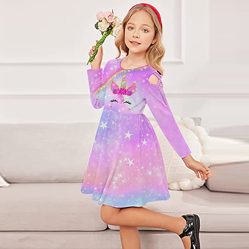 

Kids Girls' Dress Animal A Line Dress Above Knee Dress Daily Print Long Sleeve Cute Dress 3-10 Years Winter Rainbow