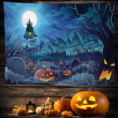 

Halloween Party Wall Tapestry Art Decor Blanket Curtain Hanging Home Bedroom Living Room Decoration Polyester Pumpkin Bat Ghost Castle Witch