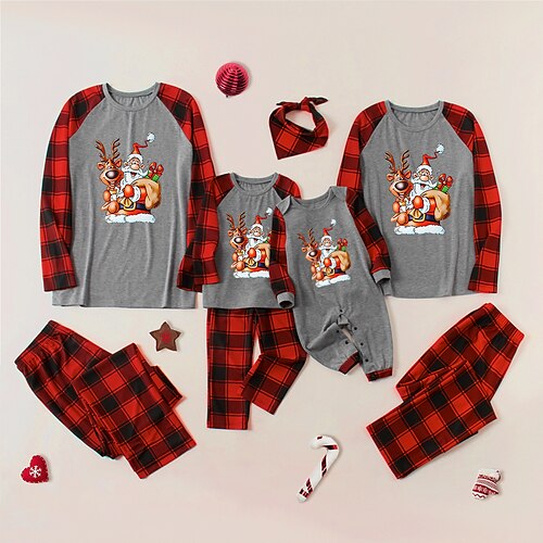 

Christmas Pajamas Family Set Ugly Plaid Deer Santa Claus Daily Patchwork Gray Long Sleeve Mom Dad and Me Daily Matching Outfits Spring Fall Casual Print