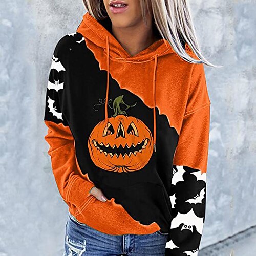 

Women's Pullover Hoodie Sweatshirt Pullover Skull Pumpkin Bat Front Pocket Print Halloween Weekend 3D Print Active Streetwear Clothing Apparel Hoodies Sweatshirts Black Orange