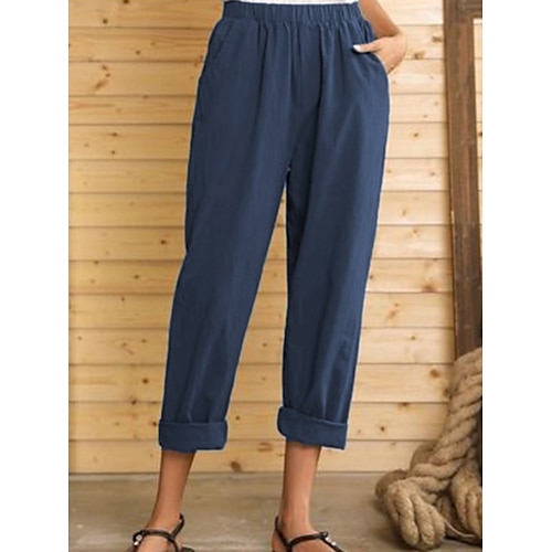 

Women's Pants Trousers Trousers Side Pockets Elastic Waist Baggy Plain Comfort Ankle-Length Casual Weekend Linen / Cotton Blend Fashion Black Blue Mid Waist Inelastic
