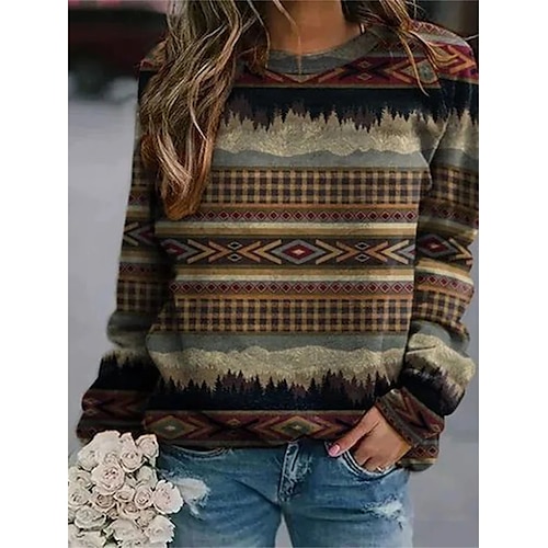 

Women's Sweatshirt Pullover Casual Print Khaki Geometric Loose Fit Casual Round Neck Long Sleeve Cotton S M L XL XXL 3XL / 3D Print