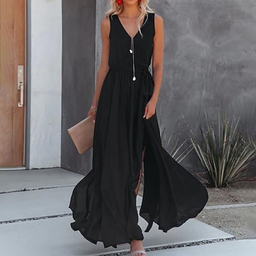 

Women's Casual Dress Swing Dress Black Dress Long Dress Maxi Dress Black Sleeveless Pure Color Split Winter Fall V Neck Modern 2022 S M L XL