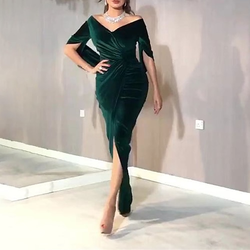 

vestido de festa formal feminino vestido de veludo vestido bainha vestido longo vestido maxi verde vinho preto manga longa cor pura franzido inverno ombro caído vestido de inverno fim de semana fino