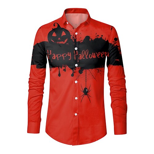 

Men's Shirt Letter Pumpkin Turndown Red Long Sleeve 3D Print Outdoor Halloween Button-Down Print Tops Vintage Cool Designer Casual